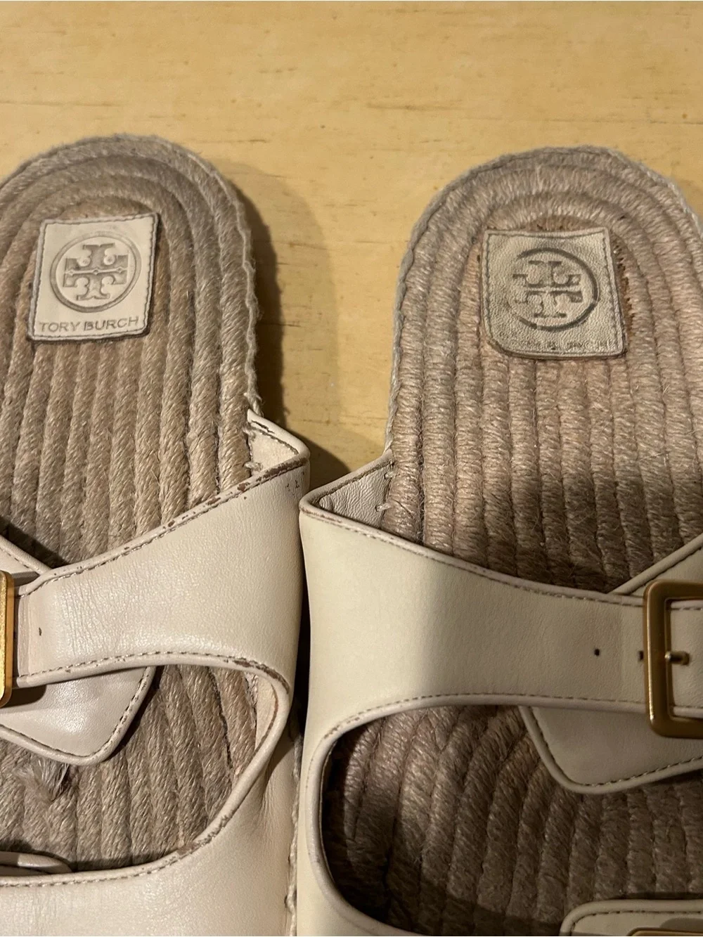 Tory Burch cream leather double buckle slide espadrilles in size 11
